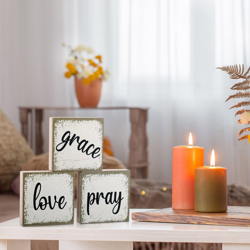 Qunclay 6 Pieces Farmhouse Tiered Tray Decor Inspirational Rustic Wood Sign Faith Love Hope Wooden Table Decorations Art Print Wooden Block Signs for Office Home Tabletop Bookshelf, 2.5 x 2.5 Inch - Image 5
