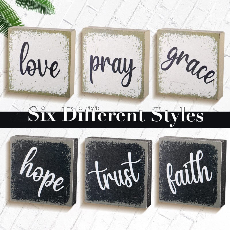 Qunclay 6 Pieces Farmhouse Tiered Tray Decor Inspirational Rustic Wood Sign Faith Love Hope Wooden Table Decorations Art Print Wooden Block Signs for Office Home Tabletop Bookshelf, 2.5 x 2.5 Inch - Image 3