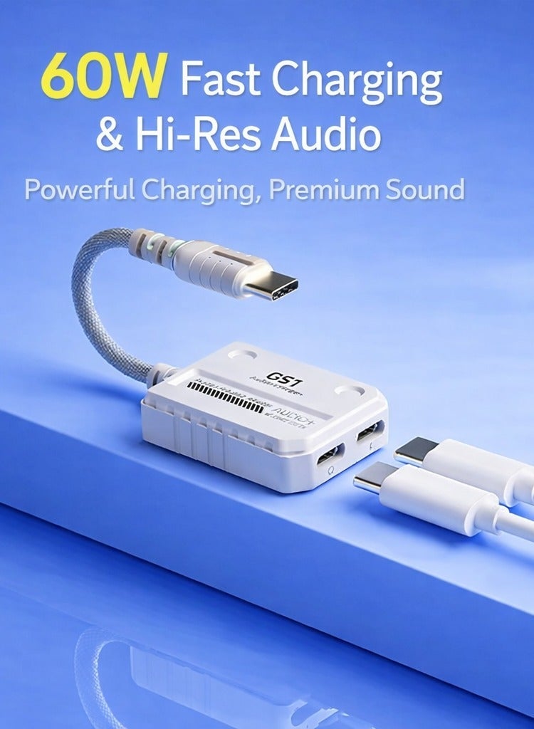 Plextone GS1 Type-C 2-in-1 Adapter Dongle, Dual Type-C Headphone & Charging Jacks with 60W Fast Charging, Hi-Res Audio, Zero Delay, Mic Supported, Plug-and-Play USB-C Converter – Compatible with iPhone, RedMagic, Samsung, iPad & Tablets - Image 2