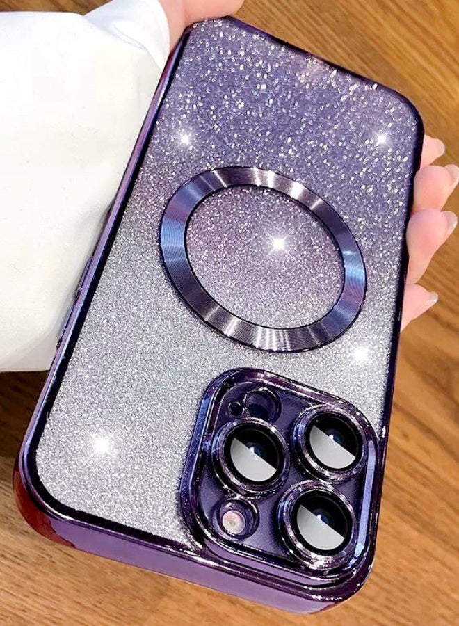 حافظة جليتر مغناطيسية لامعة لآيفون 16 برو مع واقي عدسة الكاميرا، متوافق مع MagSafe، طلاء فاخر، غطاء هاتف نحيف شفاف لامع لطيف مقاوم للصدمات للنساء والفتيات ，أرجواني - Image 1