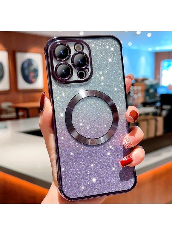 حافظة جليتر مغناطيسية لامعة لآيفون 16 برو مع واقي عدسة الكاميرا، متوافق مع MagSafe، طلاء فاخر، غطاء هاتف نحيف شفاف لامع لطيف مقاوم للصدمات للنساء والفتيات ，أرجواني - Image 2