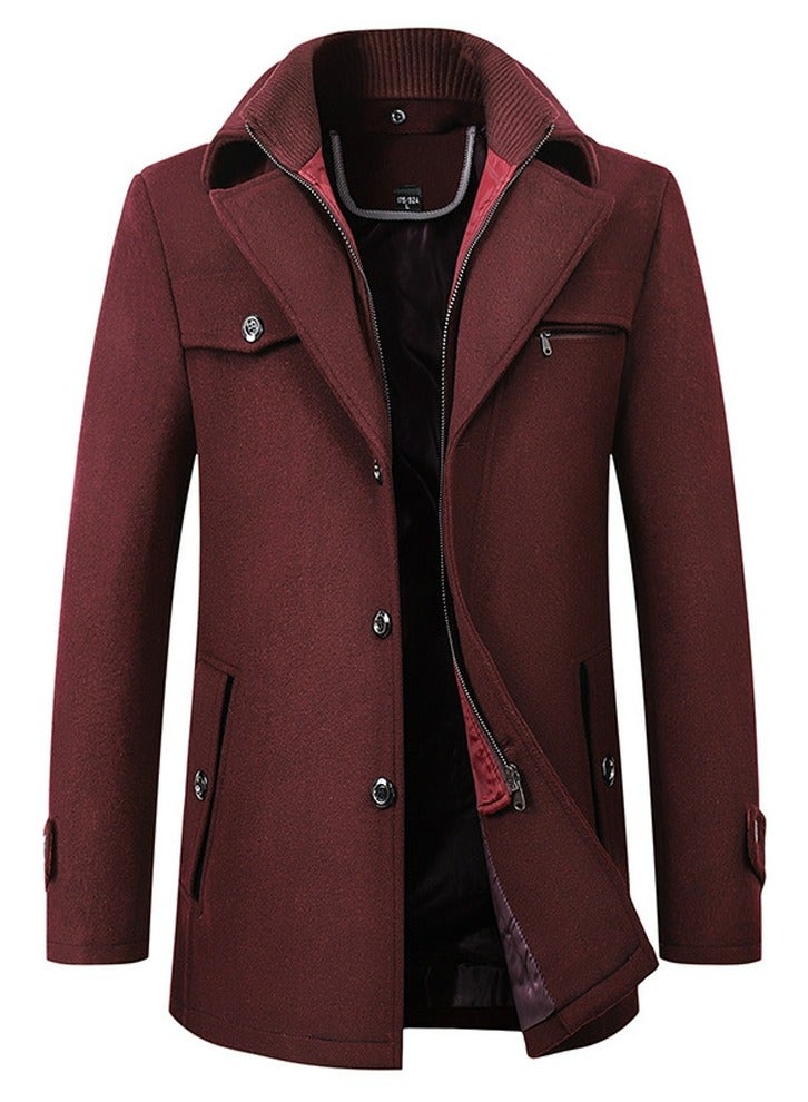 Men's Woolen Casual Coat Slim Fit Double Collar Jacket Overcoat with Pockets Wine Red