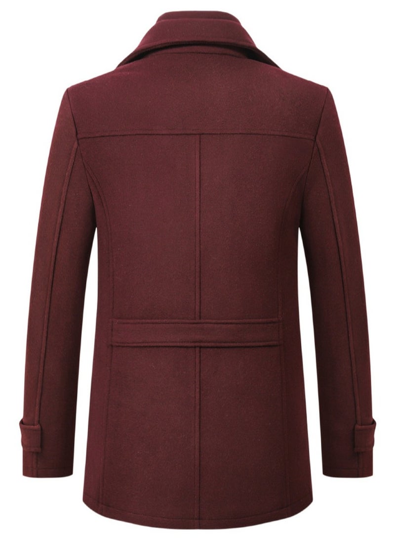 Men's Woolen Casual Coat Slim Fit Double Collar Jacket Overcoat with Pockets Wine Red