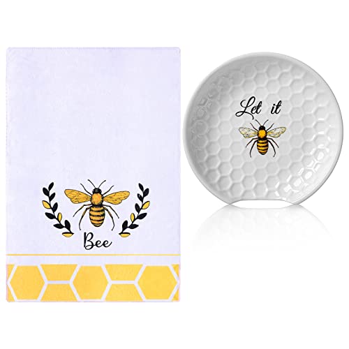 Meanplan 2 Pcs Bee Ceramic Spoon Rest and Bee Kitchen Towel Set Bee Kitchen Decor Set 5'' Bee Theme Spoon Holder - Image 2