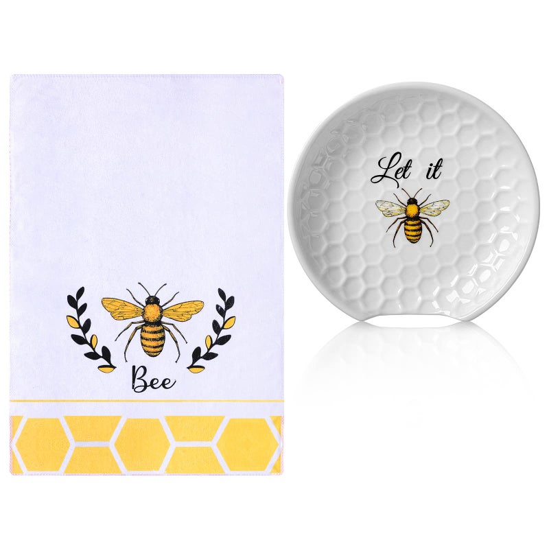 Meanplan 2 Pcs Bee Ceramic Spoon Rest and Bee Kitchen Towel Set Bee Kitchen Decor Set 5'' Bee Theme Spoon Holder - Image 1