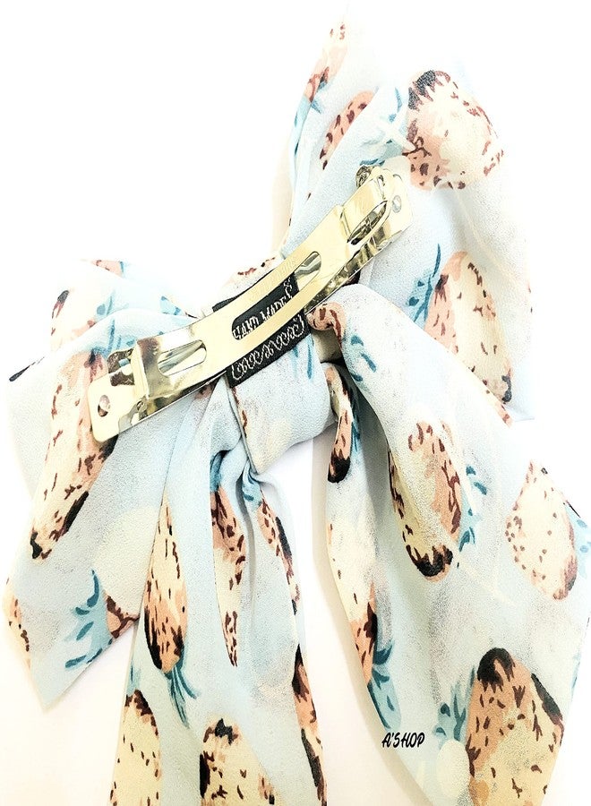 A'SHOP Strawberry Printed Georgette Big Bow Hair Clip with Barrettes for Girls & Women (Blue) - Image 4
