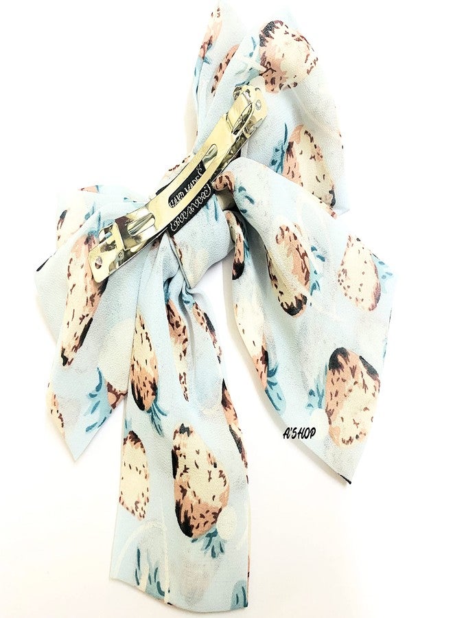 A'SHOP Strawberry Printed Georgette Big Bow Hair Clip with Barrettes for Girls & Women (Blue) - Image 2