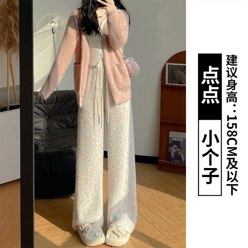Grey Rainbow Glutinous Rice Pants Autumn and Winter Womens Pants Womens Lazy Slimming Straight Pants Soft Glutinous Loose fleece-lined Wide Leg Pants Little petites