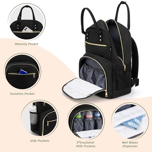 Pritent Diaper Bag Backpack,Baby Essentials Diapers Bag with Pacifier Case,Multipurpose Stylish Large Capacity Travel Backpack for Baby Girl/Boy(M-Black) - Image 3