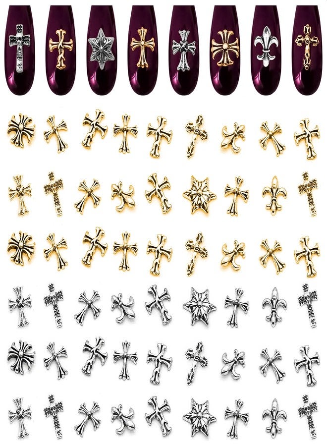 ZOKLU 240 Pcs Silver and Gold Cross Nail Charms Bulk - 3D Silver and Gold Nail Charms Cross for DIY & Professional Manicures - Large-Pack for Creative Manicures with Shiny Crosses Accents - Image 1