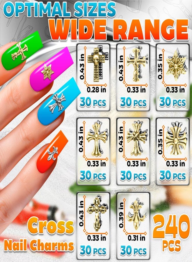 ZOKLU 240 Pcs Silver and Gold Cross Nail Charms Bulk - 3D Silver and Gold Nail Charms Cross for DIY & Professional Manicures - Large-Pack for Creative Manicures with Shiny Crosses Accents - Image 2