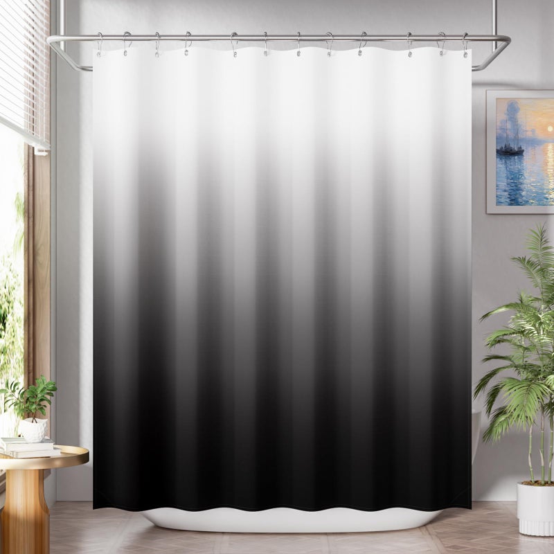AmazerBath Shower Curtain, Ombre Black Fabric Shower Curtain Set with 12 Hooks, Farmhouse Cloth Black and White Shower Curtain, Washable Bathroom Shower Curtain Sets, 72x84 Inches - Image 1
