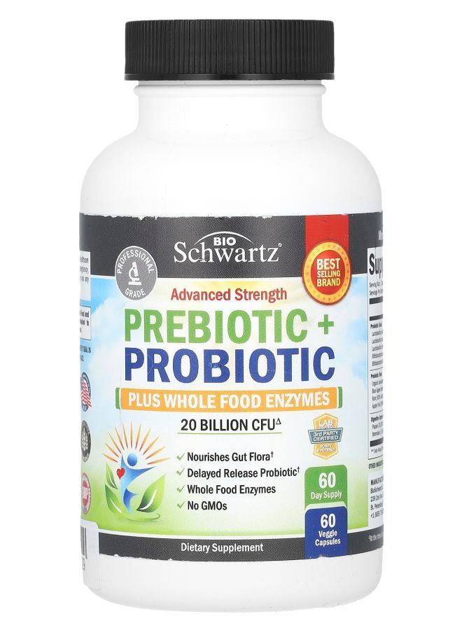 Advanced Strength Prebiotic + Probiotic Plus Whole Food Enzymes 20 Billion CFU 60 Veggie Capsules