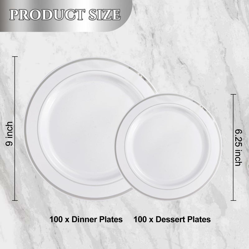 NOCCUR 200PCS Silver Plastic Plates Disposable for 100 Guests - Include 100 Dinner / 100 Dessert Plates Heavy Duty - Ideal for Party/Wedding/New Year - Image 2