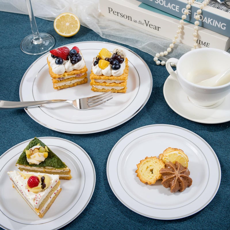 NOCCUR 200PCS Silver Plastic Plates Disposable for 100 Guests - Include 100 Dinner / 100 Dessert Plates Heavy Duty - Ideal for Party/Wedding/New Year - Image 4