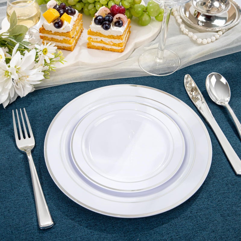NOCCUR 200PCS Silver Plastic Plates Disposable for 100 Guests - Include 100 Dinner / 100 Dessert Plates Heavy Duty - Ideal for Party/Wedding/New Year - Image 5