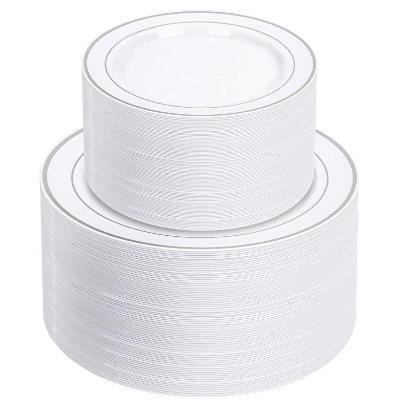 NOCCUR 200PCS Silver Plastic Plates Disposable for 100 Guests - Include 100 Dinner / 100 Dessert Plates Heavy Duty - Ideal for Party/Wedding/New Year - Image 1