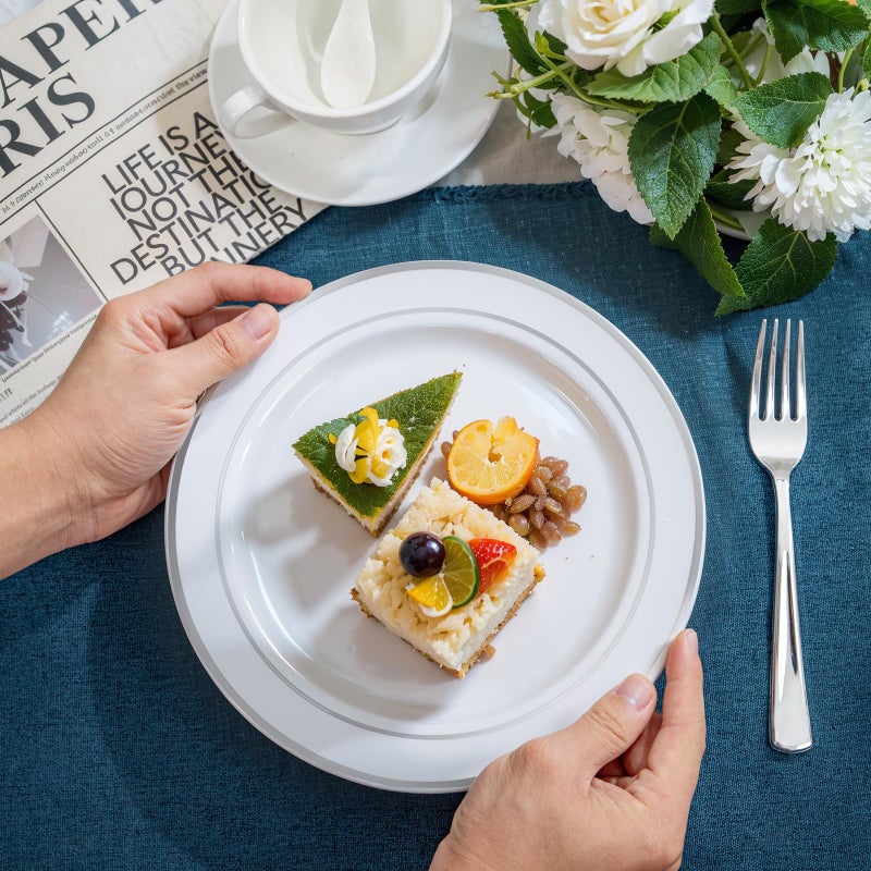 NOCCUR 200PCS Silver Plastic Plates Disposable for 100 Guests - Include 100 Dinner / 100 Dessert Plates Heavy Duty - Ideal for Party/Wedding/New Year - Image 3