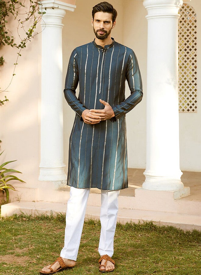 see designs Teal Striped Chanderi Silk Kurta for Men - Image 1