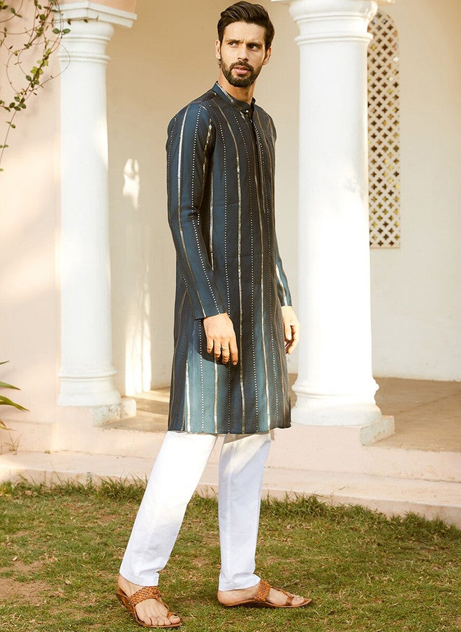 see designs Teal Striped Chanderi Silk Kurta for Men - Image 3