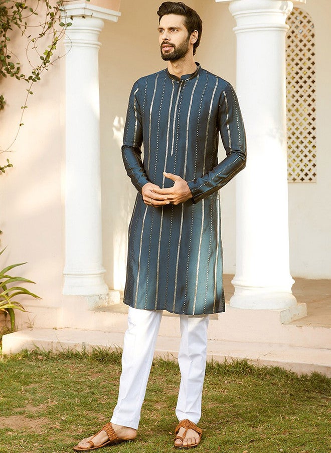 see designs Teal Striped Chanderi Silk Kurta for Men - Image 4