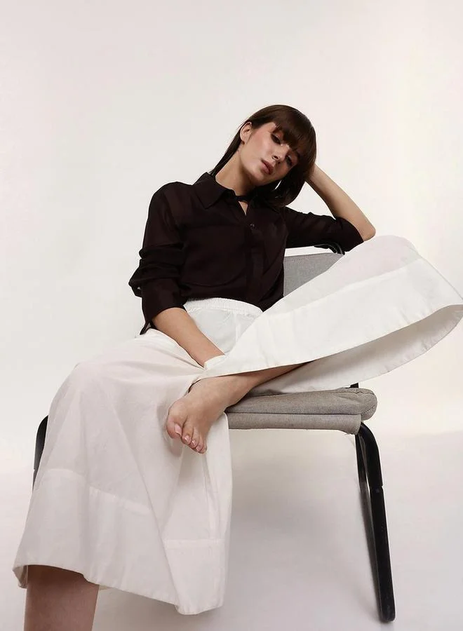 White Cotton Solid Palazzo Flared Trousers