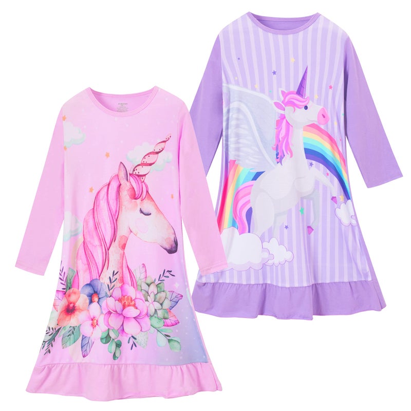 ZEBZOO Nightgowns for Girls Unicorn Dress Toddler Kids Pajamas Long Sleeve Night Gown(2-Pack,4-5 Years) - Image 1
