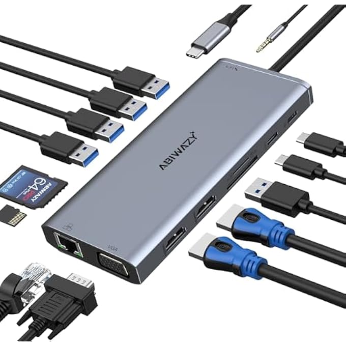 ABIWAZY محطة إرساء USB C مزدوجة الشاشة لأجهزة ديل/HP/لينوفو/سيرفيس لابتوب، 14 في 1 محور عرض ثلاثي محولات متعددة، دونجل مع 2 HDMI 4K+VGA+5 منفذ+شاحن 100W PD+إيثرنت+SD/TF+صوت - Image 1