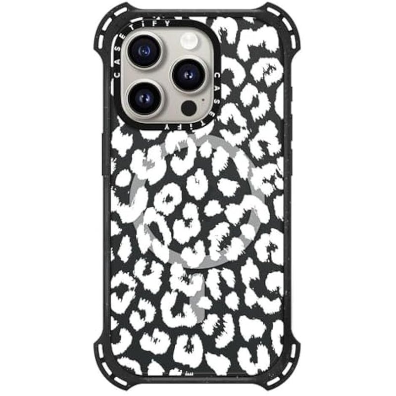 Casetify Bounce iPhone 15 Pro Case 【6X Military Grade Drop Tested / 21.3ft Drop Protection/Compatible with Magsafe】 - White Transparent Leopard Animal Print - Triple Black - Image 1