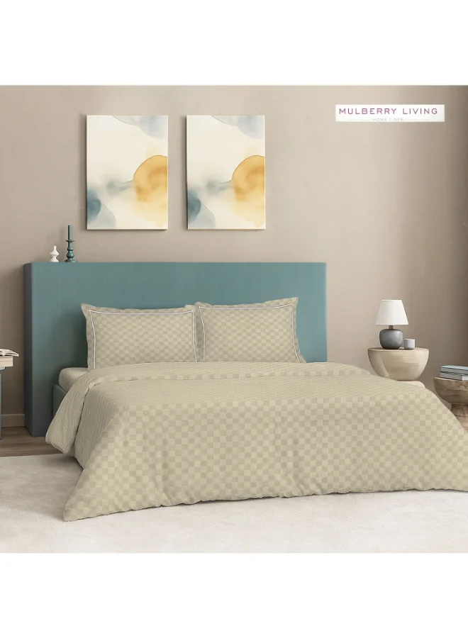 MULBERRY LIVING 100% Cotton -300 TC Urban Grid 4 Piece Duvet Set  - 1 Duvet Cover (260 x 240 cms), 1 California King Fitted Bedsheet (200 x 200 x 30 cms) with 2 Pillow Covers (50 x 75 cms) - Pearl