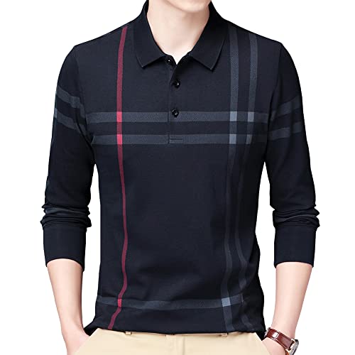 Womleys Mens Casual Striped Cotton Long Sleeve Collared T Shirt Polo Shirts (Large, Navy Blue) - Image 1