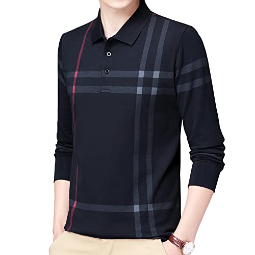 Womleys Mens Casual Striped Cotton Long Sleeve Collared T Shirt Polo Shirts (Large, Navy Blue) - Image 2