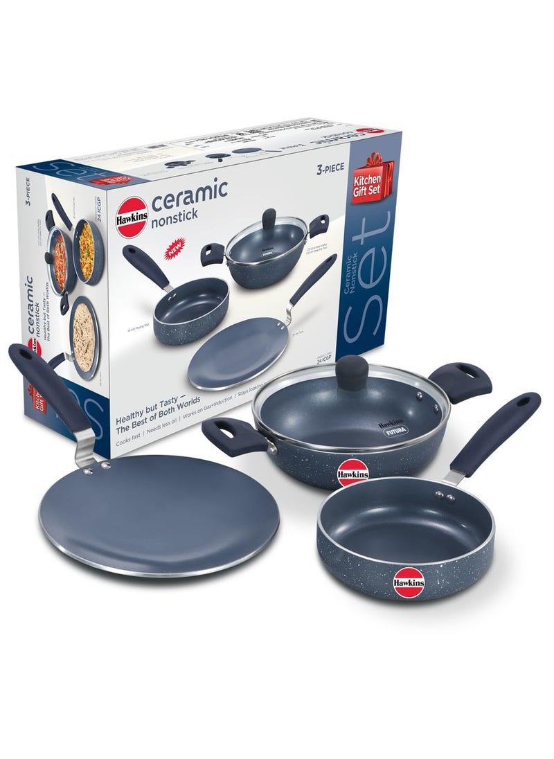 Hawkins Hawkins Ceramic Nonstick 3-Piece Kitchen Gift Set - 1.75 L Deep Kadhai, 16 cm Frying Pan and 24 cm Tava, Grey (24ICGP)  - Image 1