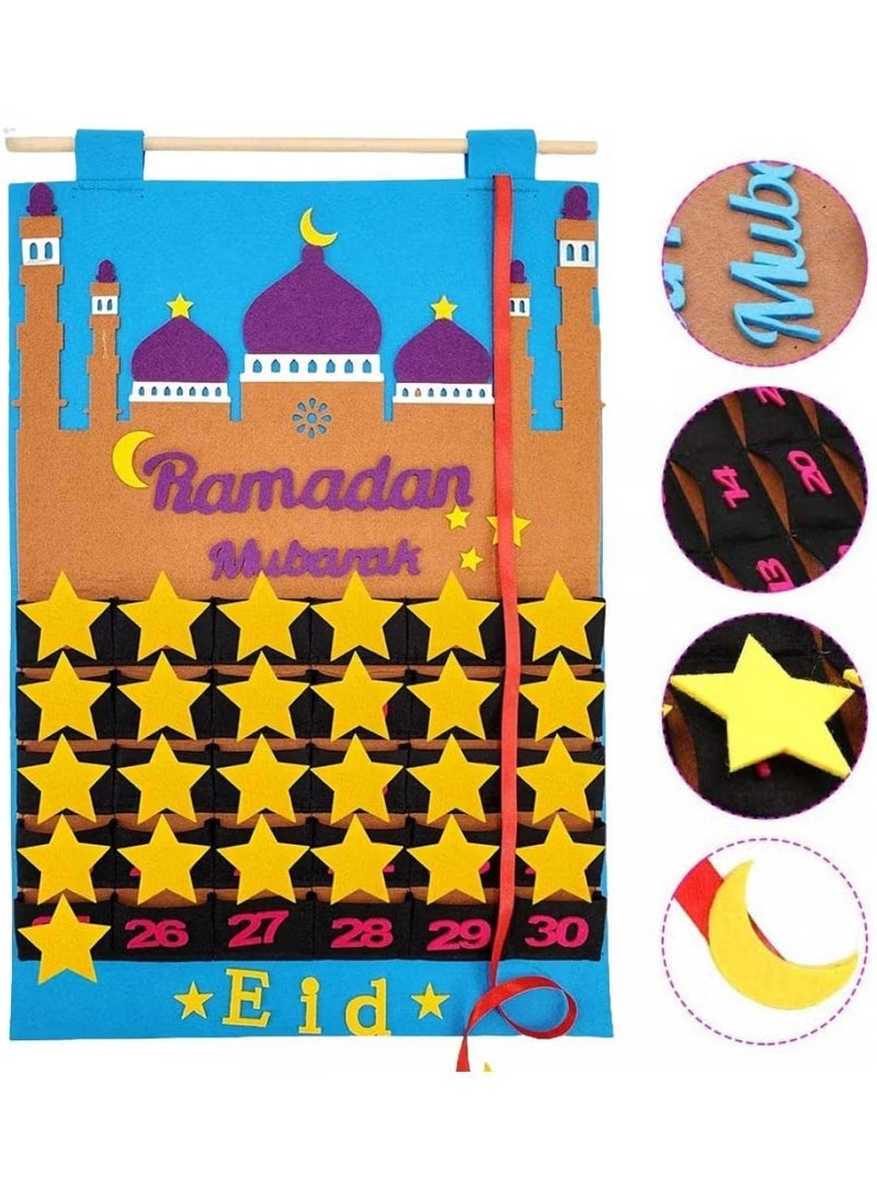 Ailily Felt Ramadan Advent Calendar, Eid Calendar Countdown Calendar Eid Mubarak Hanging Felt for Kids Eid Gifts Home Wall Hanging Ramadan Decorations Ornaments with 30 Reusable Stars - Image 3