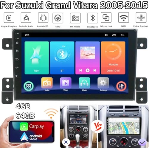 Surakey Android13 Radio Car Stereo Compatible for Suzuki Grand Vitara 2005 2006 2007 2008 2009 2010 2011 2012 2013 2014 2015, 4+64GB 9'' Touch Screen with Carplay Wireless Android Auto GPS Navi w/Cam - Image 5