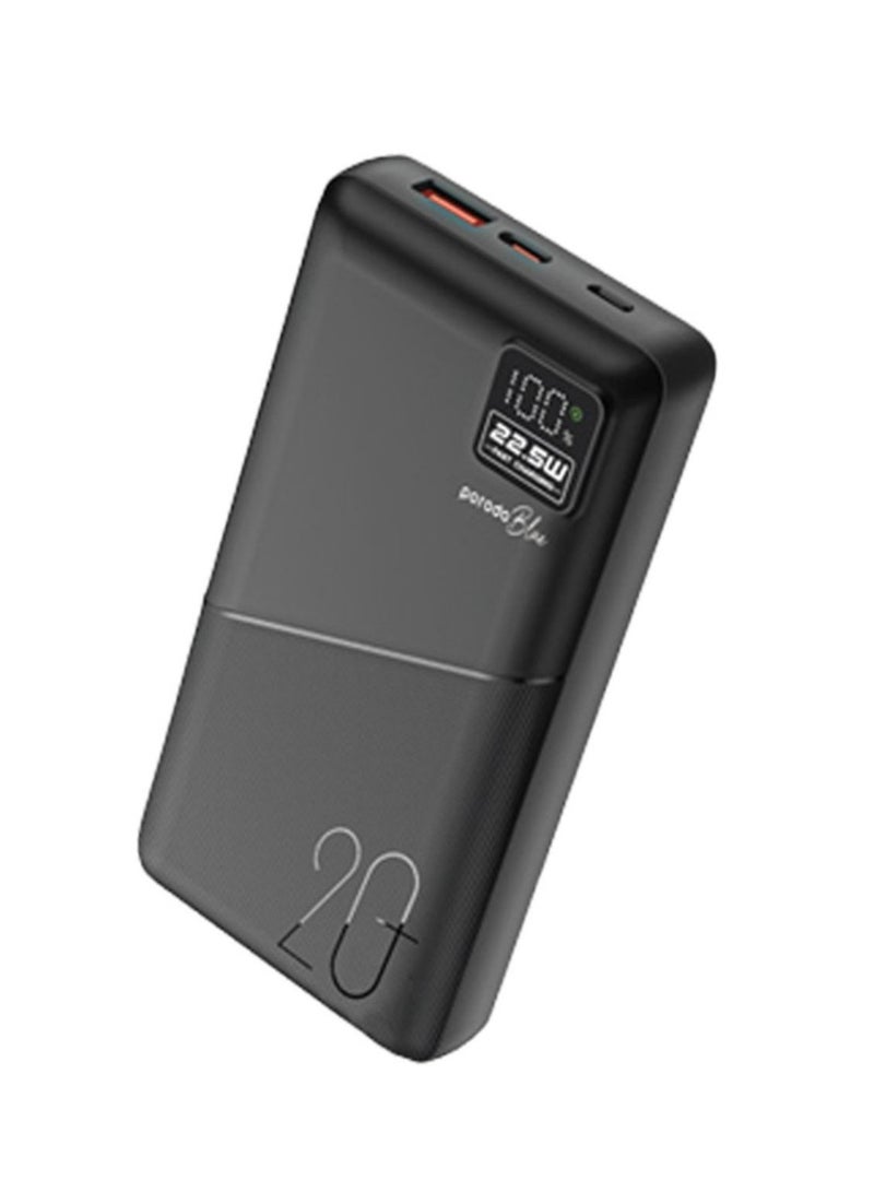 porodo Blue Power Bank with USB-A & USB-C Outputs, 20000mAh Battery Capacity, Digital Display, 20W Power Delivery - Black - Image 1