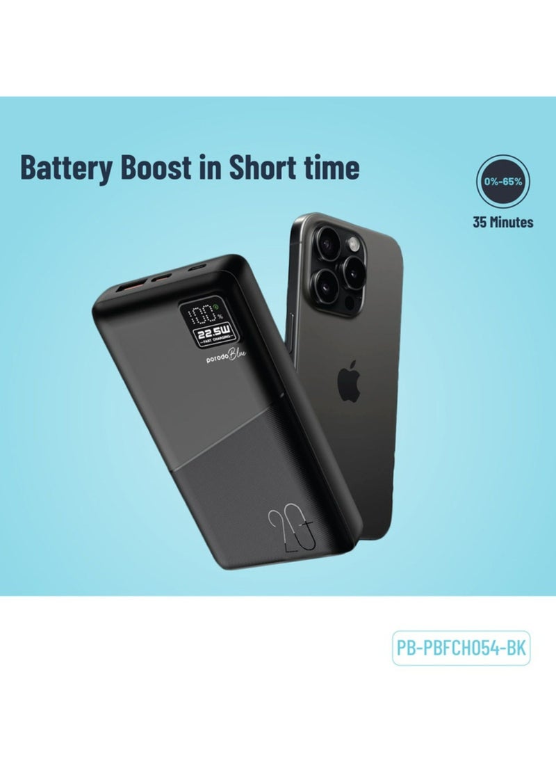 porodo Blue Power Bank with USB-A & USB-C Outputs, 20000mAh Battery Capacity, Digital Display, 20W Power Delivery - Black - Image 3