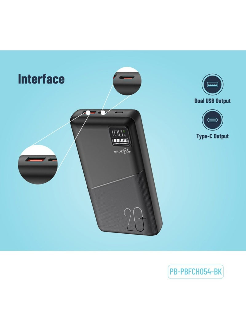 porodo Blue Power Bank with USB-A & USB-C Outputs, 20000mAh Battery Capacity, Digital Display, 20W Power Delivery - Black - Image 2