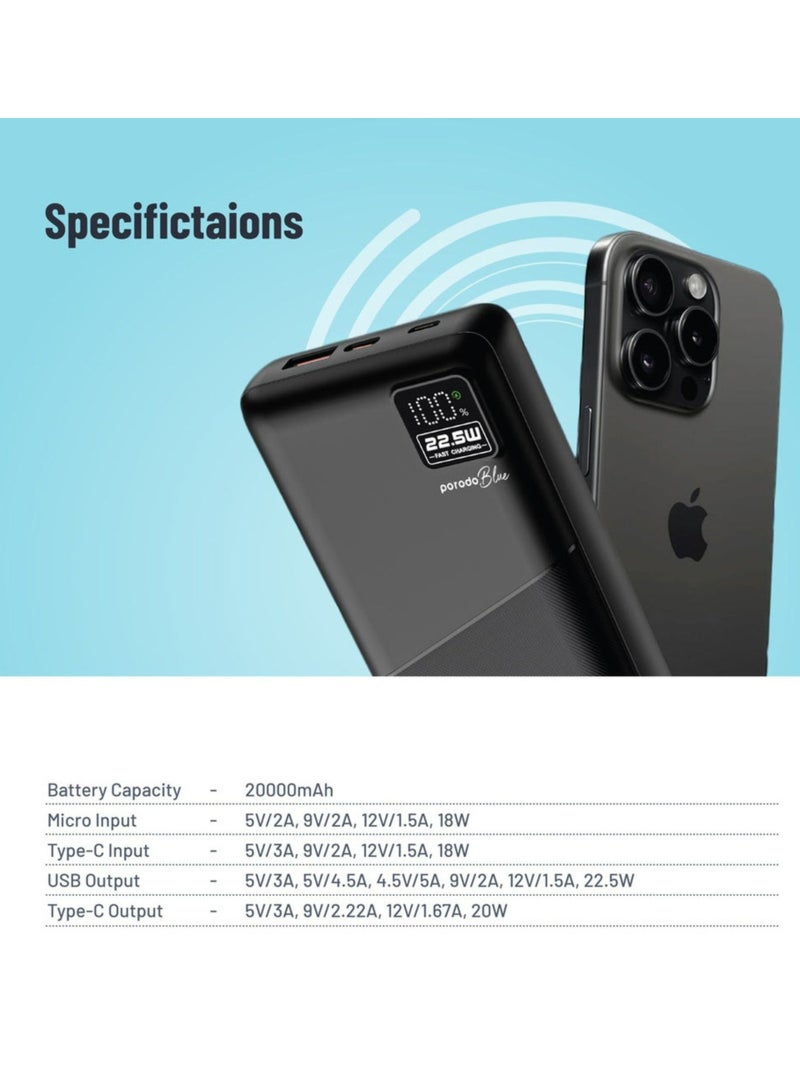 porodo Blue Power Bank with USB-A & USB-C Outputs, 20000mAh Battery Capacity, Digital Display, 20W Power Delivery - Black - Image 4