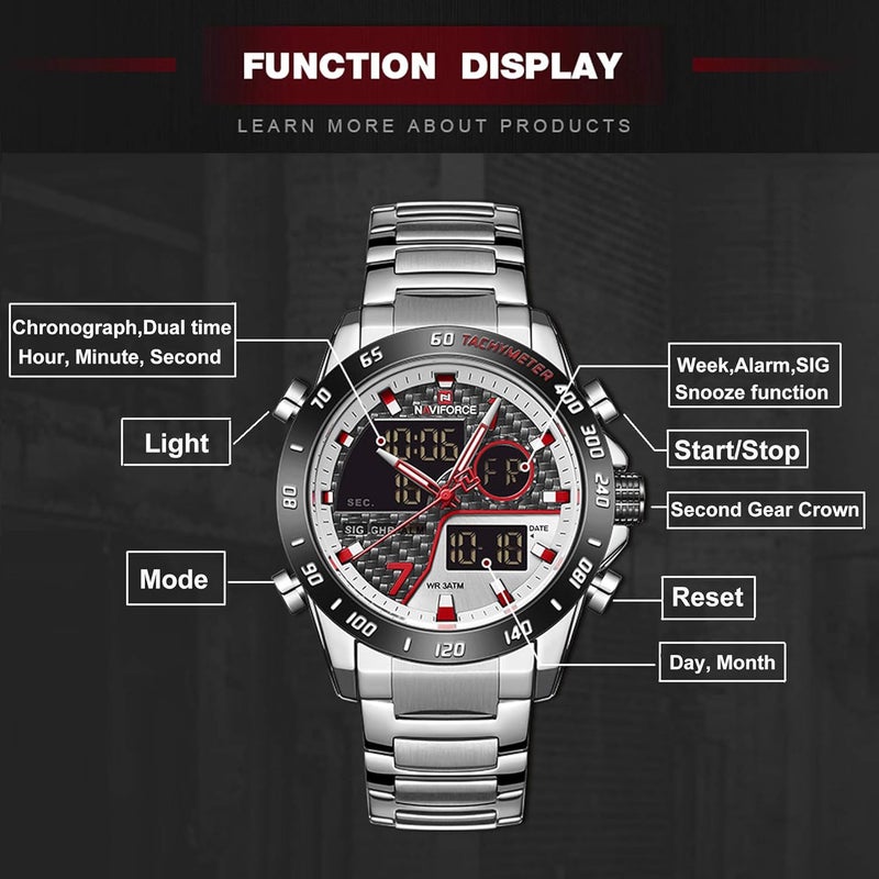 Naviforce Men's Multifunction Waterproof Sport Analog Digital Quartz Watch with Chronograph and Dual Time Alarm - Image 5