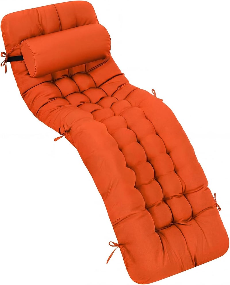 Tudomro 1 Pcs Orange 66'' Outdoor Chaise Lounge Cushion Waterproof Patio Lawn Pool Chaise Lounge Cushion with Headrest Pillow & Ties Weather Fade Resistant Replacement Longue Chair Pad - Image 1