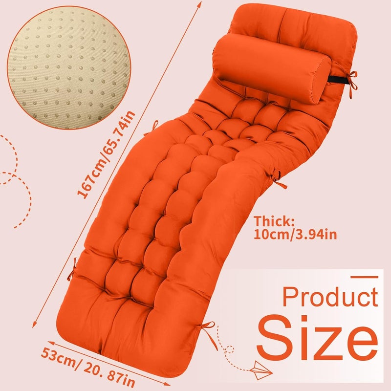 Tudomro 1 Pcs Orange 66'' Outdoor Chaise Lounge Cushion Waterproof Patio Lawn Pool Chaise Lounge Cushion with Headrest Pillow & Ties Weather Fade Resistant Replacement Longue Chair Pad - Image 2
