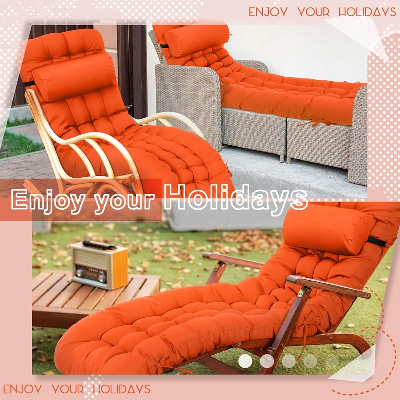 Tudomro 1 Pcs Orange 66'' Outdoor Chaise Lounge Cushion Waterproof Patio Lawn Pool Chaise Lounge Cushion with Headrest Pillow & Ties Weather Fade Resistant Replacement Longue Chair Pad - Image 4