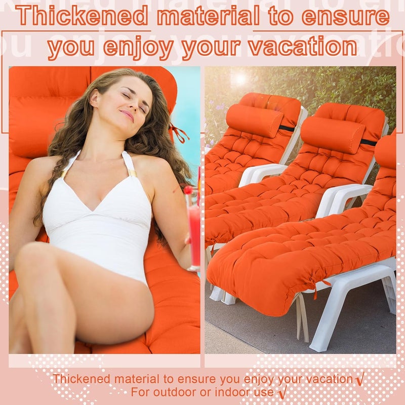 Tudomro 1 Pcs Orange 66'' Outdoor Chaise Lounge Cushion Waterproof Patio Lawn Pool Chaise Lounge Cushion with Headrest Pillow & Ties Weather Fade Resistant Replacement Longue Chair Pad - Image 5