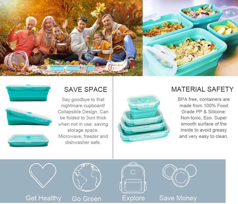 Silicone Collapsible Food Storage Containers-Prep/Storage Bowls with Lids - Set of 3 Square Silicone Lunch Containers - Microwave, Dishwasher and Freezer Safe (Mint green) - Image 4