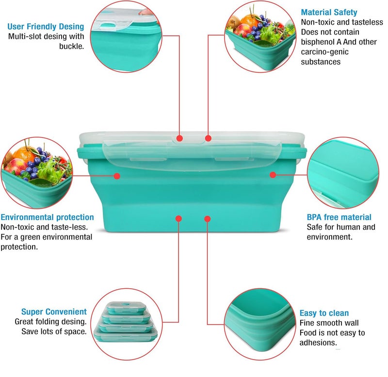 Silicone Collapsible Food Storage Containers-Prep/Storage Bowls with Lids - Set of 3 Square Silicone Lunch Containers - Microwave, Dishwasher and Freezer Safe (Mint green) - Image 2
