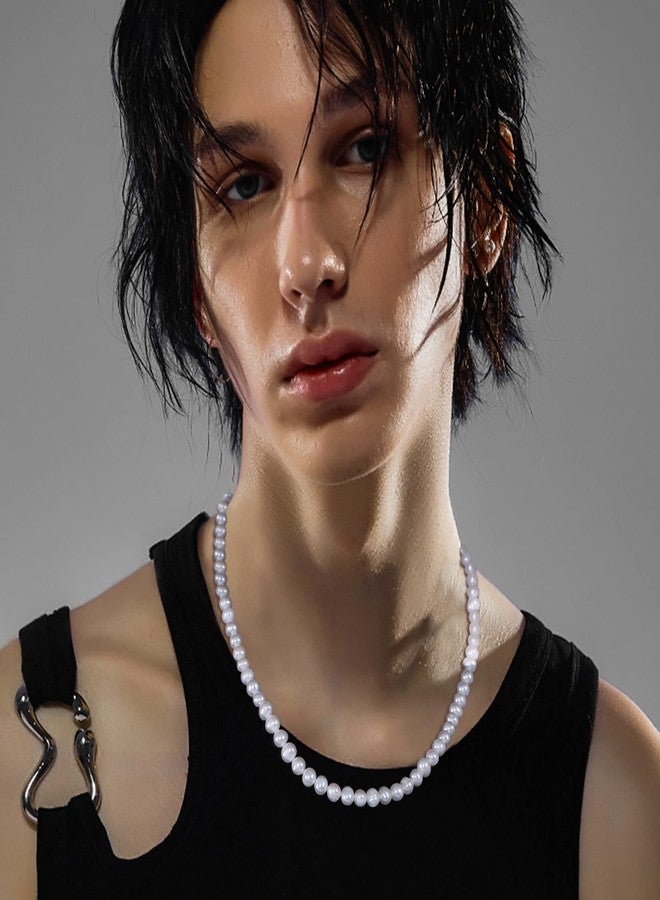 U7 Pearl Choker Necklaces Sterling Silver 8mm Round Off White Pearl Necklace Strand for Men Women 16" - Image 3