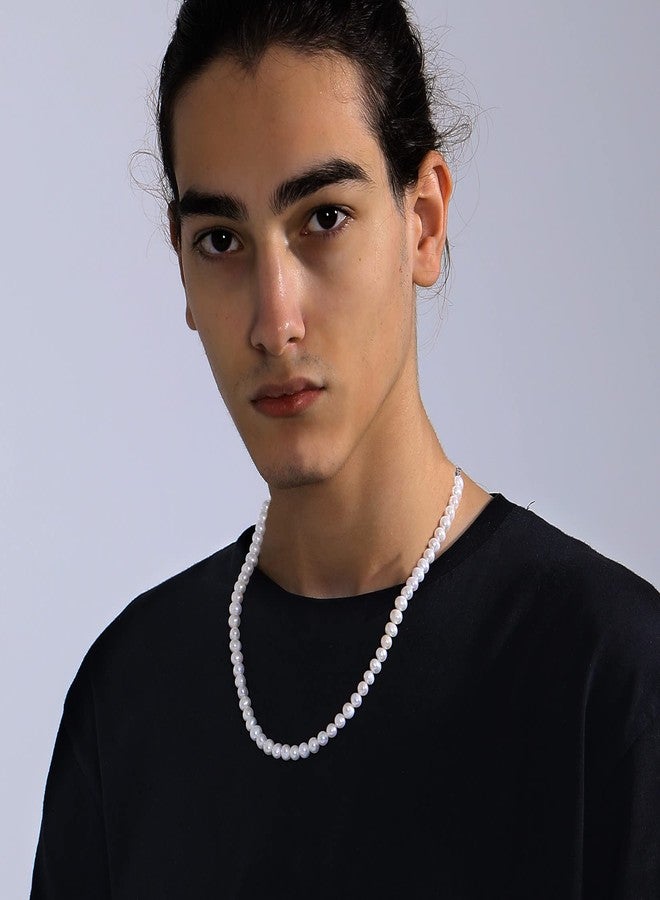 U7 Pearl Choker Necklaces Sterling Silver 8mm Round Off White Pearl Necklace Strand for Men Women 16" - Image 4