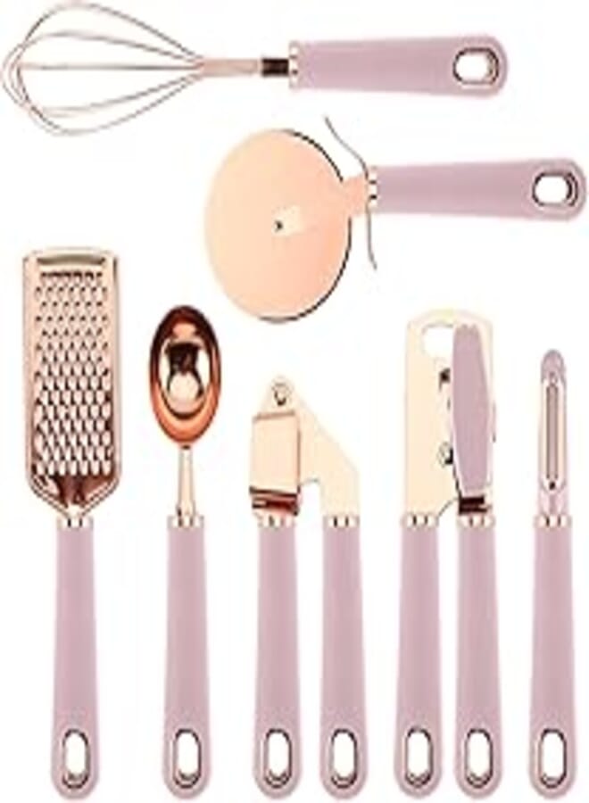 COOK WITH COLOR COOK With COLOR 7 Pc Kitchen Gadget Set Copper Coated Stainless Steel Utensils with Soft Touch Pink Handles (Assorted Colors)