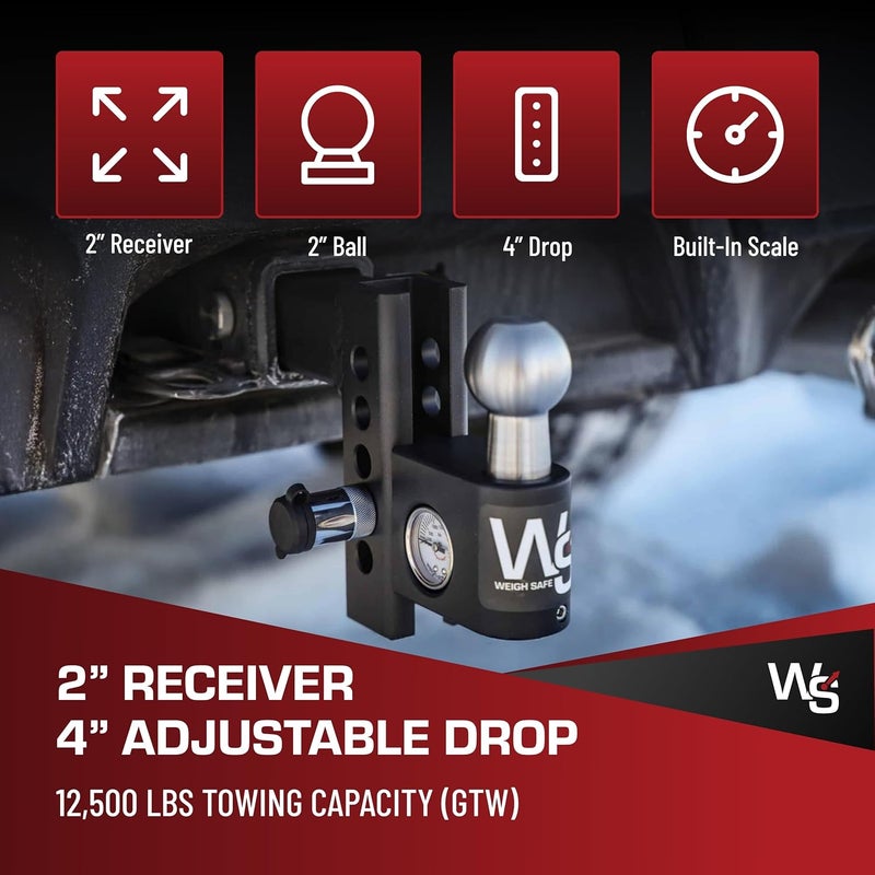 Weigh Safe Aero Hitch - Adjustable Trailer Hitch Ball Mount with Built-in Weight Scale, 4" Drop for 2" Receiver, 12,500 lbs GTW - Image 2